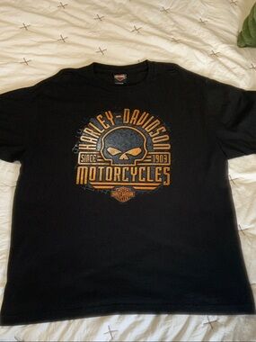 Harley-Davidson Black Tee with Orange Skull Motorcycles Graphic